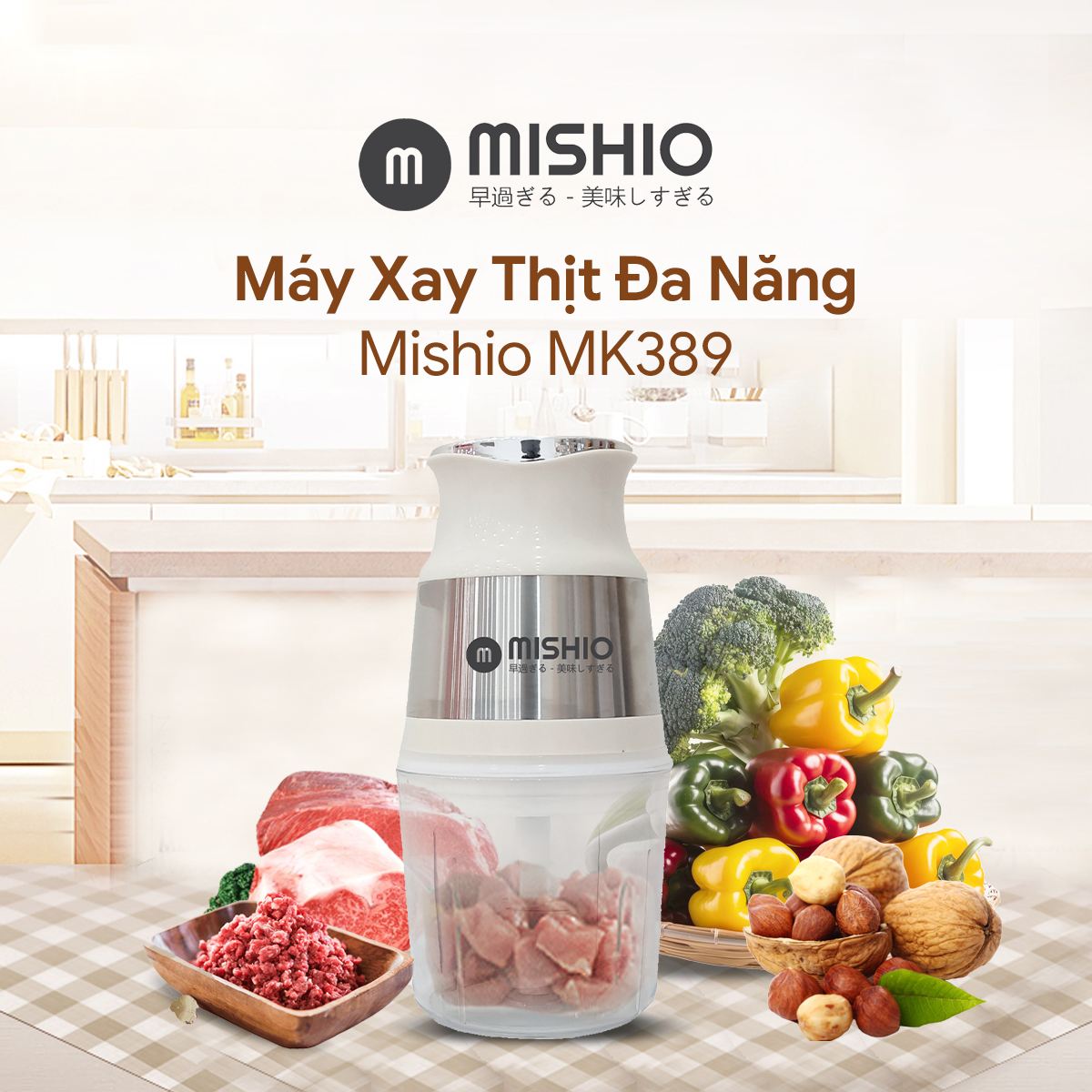 Máy Xay Mini Mishio MK389 - Dung Tích 0.8L, Xay Đồ Ăn Dặm, Gia Vị, Đồ Khô, Công Suất 250W Mạnh Mẽ