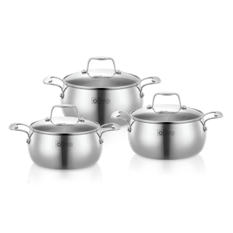 Bộ Nồi Olivo Steve CS - Bộ 3 Nồi - Đa Dạng Kích Thước - Inox 3 Lớp - Nắp Kính Cường Lực - Nấu Được Trên Mọi Loại Bếp