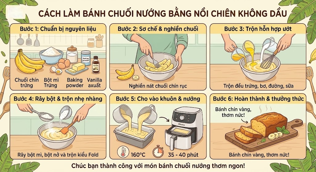 các bước làm bánh chuối nướng bằng nồi chiên không dầu