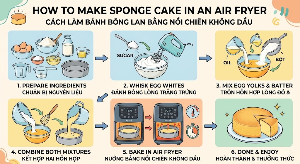 cách làm bánh bông lan bằng nồi chiên không dầu