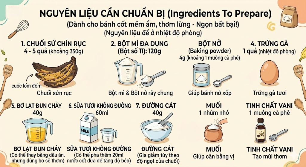 nguyên liệu cần chuẩn bị làm bánh chuối nướng bằng nồi chiên không dầu