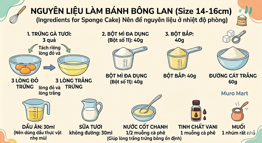 nguyên liệu làm bánh bông lan cần chuẩn bị