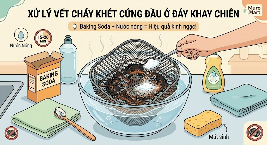 xử lý vết cháy khét cứng đầu ở đáy khay chiên